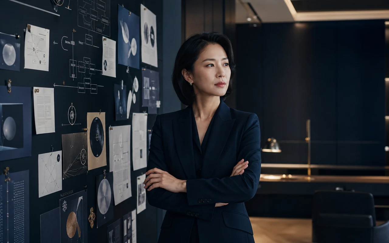 동양인 여성 리더가 의사결정 구조를 검토하는 모습