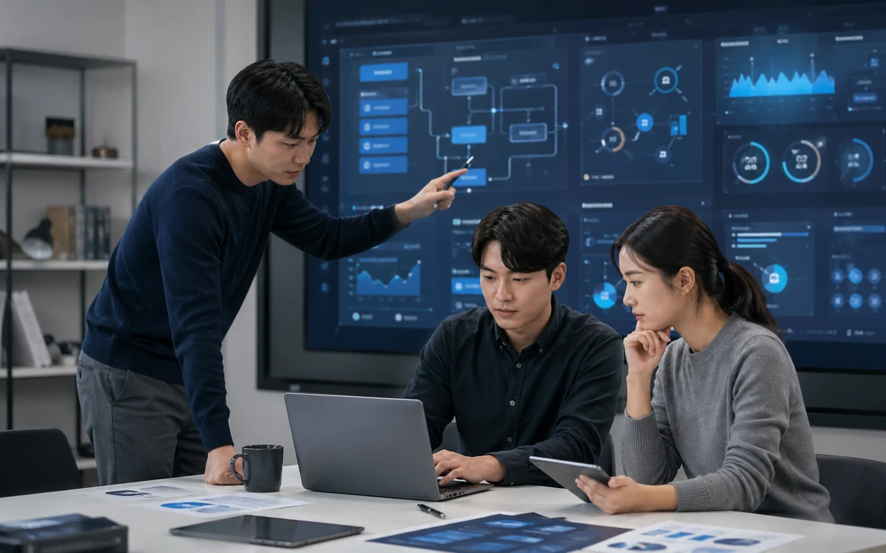 AI·개발·디자인 파트너가 디지털 대시보드를 보며 협업하는 모습