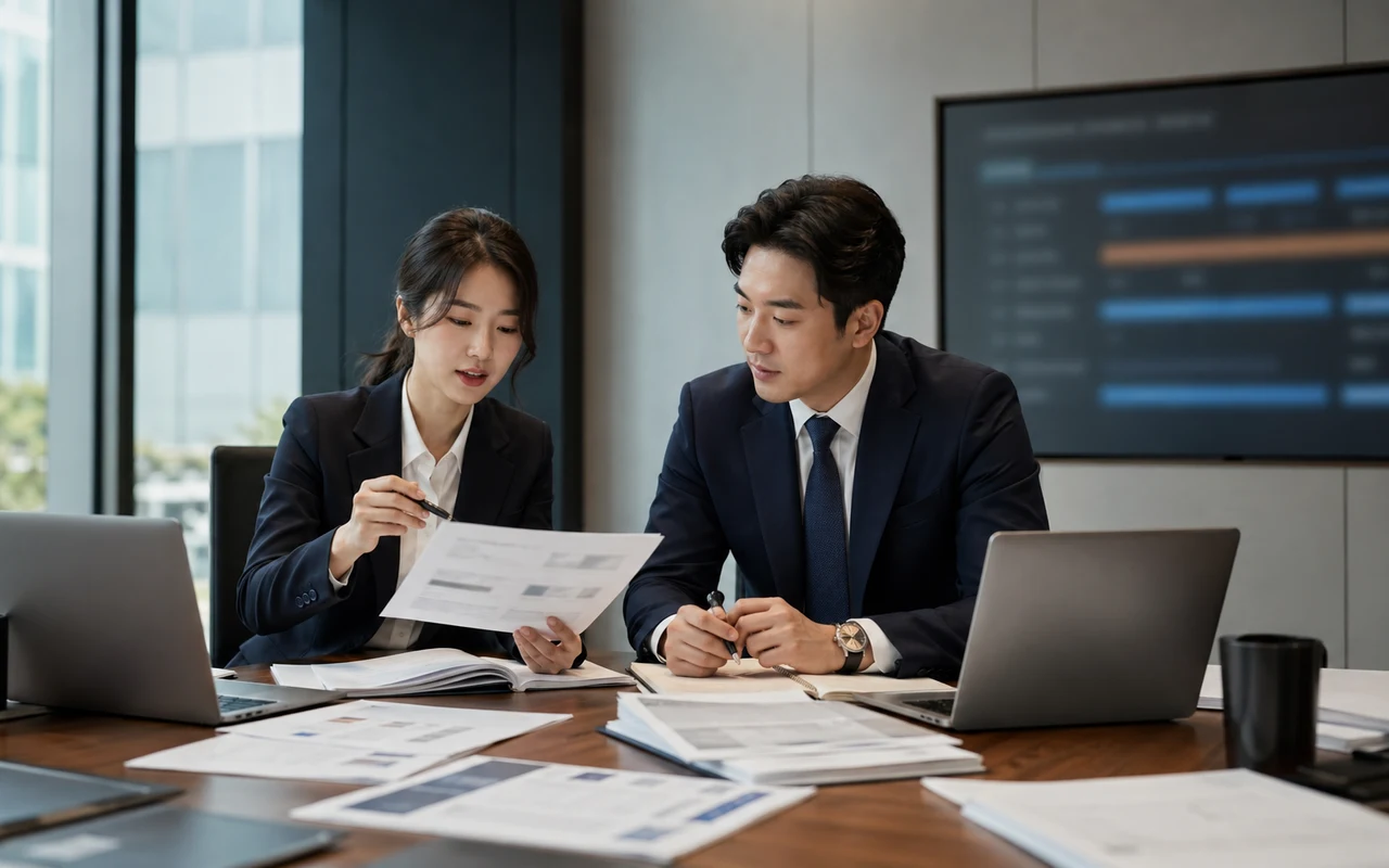 동양인 여성 발표자와 남성 매니저가 공공사업 제안 자료를 검토하는 모습